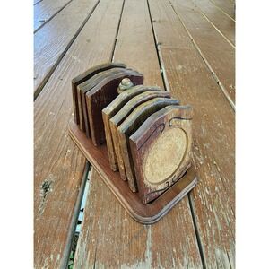 Vintage Japan 1950s Wooden‎ 8 Coaster Set With Stand Gail Craft Rare MCM